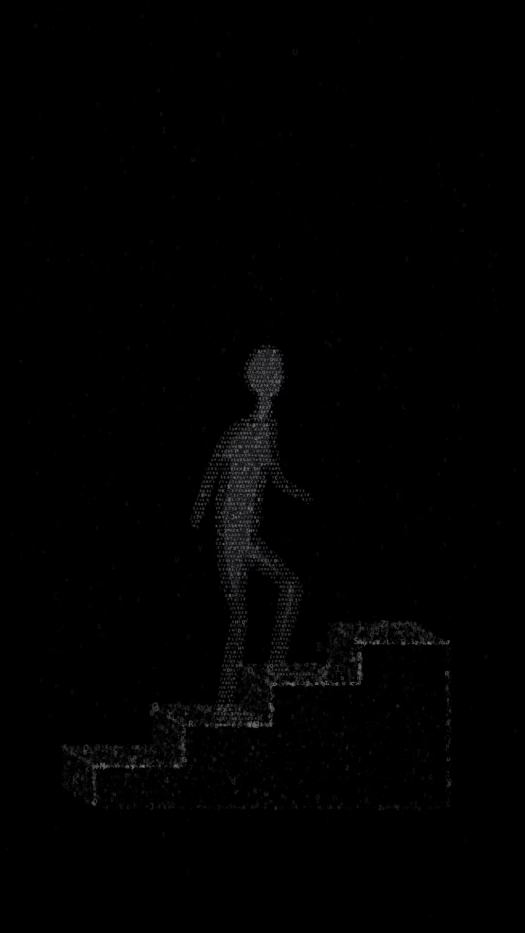 A figure made of data steps upward on a supporting staircase.